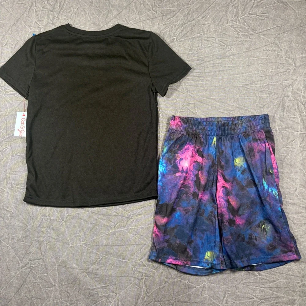 Cat & Jack Boys Weekend Gamer Pajama Set Size M 8 Black Neon Galaxy Shorts NWT